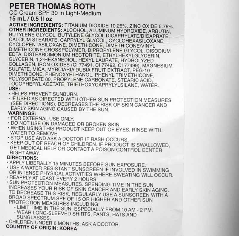 Peter Thomas Roth CC Cream Broad Spectrum SPF 30 Complexion Corrector Review ingredients
