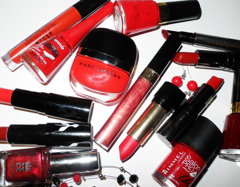 Red makeup lipsticks, nail polishes and lip glosses